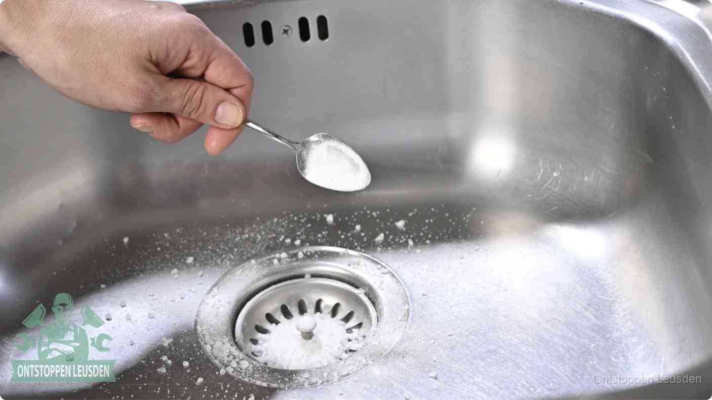 Een hand strooit met een lepel soda in de afvoer van een roestvrijstalen spoelbak, de soda en azijn huismiddel-methode om de afvoer te ontstoppen in Leusden