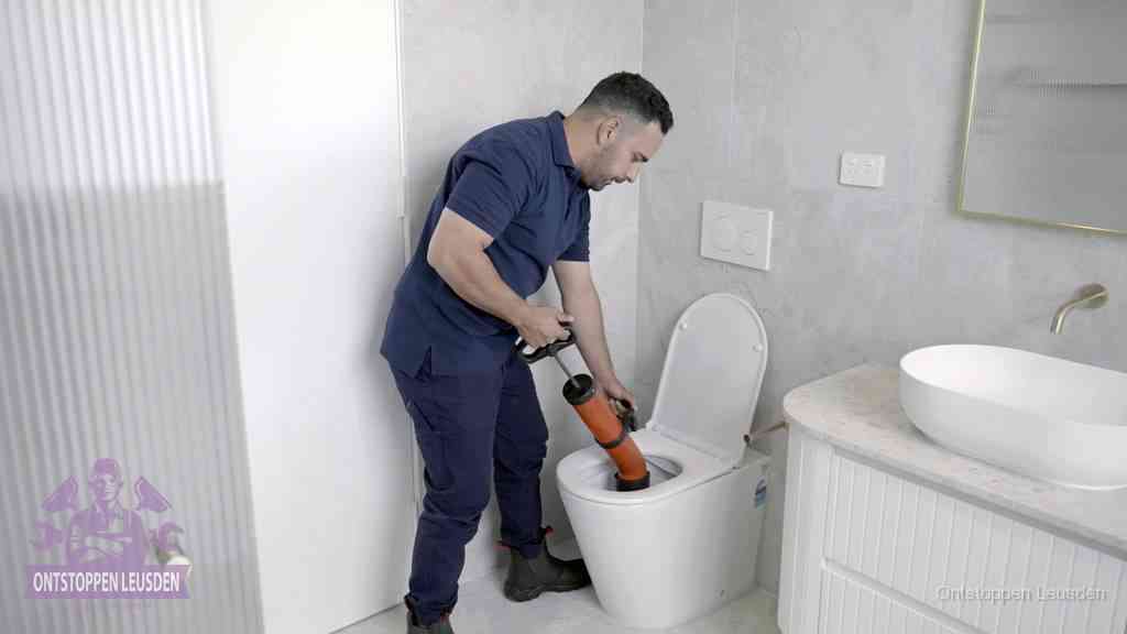 Een monteur buigt over een wandcloset en duwt met de hand een persluchtontstopper in de toiletpot om de verstopping handmatig los te maken in Leusden