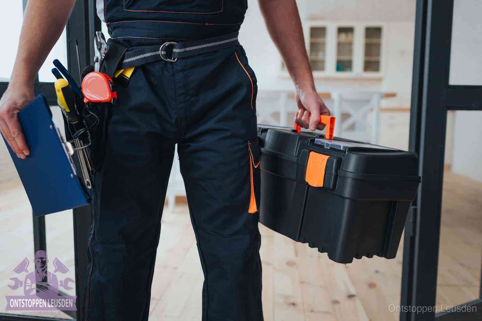 Een monteur met gereedschapsriem en klembord, klaar om een transparante prijs voor het wc ontstoppen in Leusden te geven