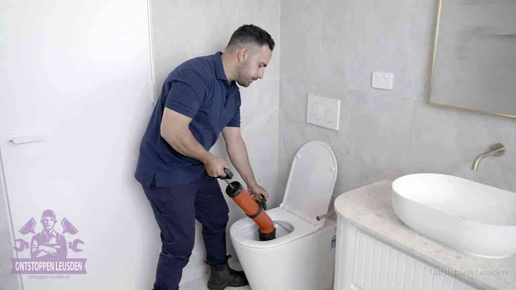 Een monteur gebruikt een handmatige perspomp (toiletontstopper) op een wandcloset tijdens het professioneel wc ontstoppen in Leusden