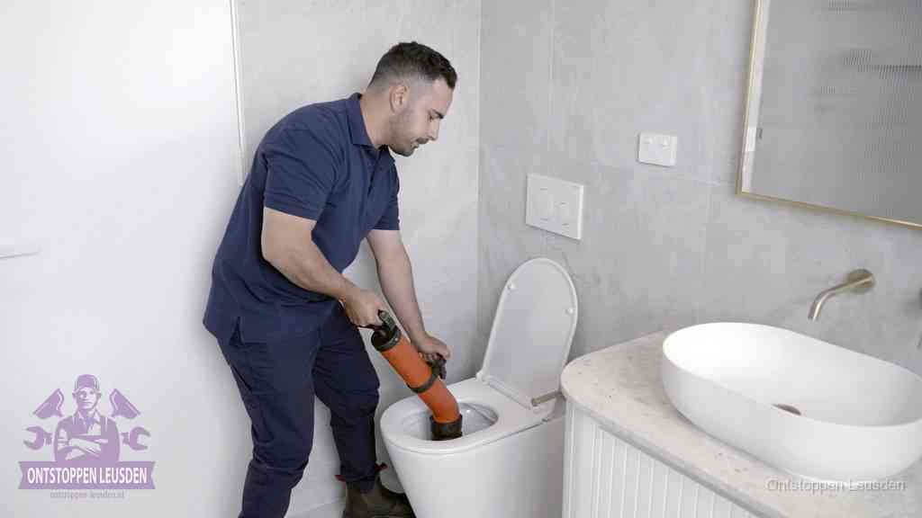 Een man gebruikt een handmatige luchtdruk-ontstopper in een modern betegeld toilet om zelf de wc te ontstoppen in Leusden